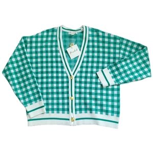 Marled Green Checkered Gold Button Cardigan Size XL